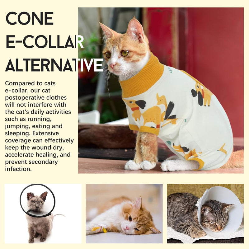DENTRUN Cat Surgery Recovery Suit Female Male Soft Onesie, Kitten Surgical Collar Cone Alternative Shirt, Abdominal Wounds Anti-Licking Pajama for Small Pets Spay, Cat Body Suit Post Surgery M Yellow Puppy