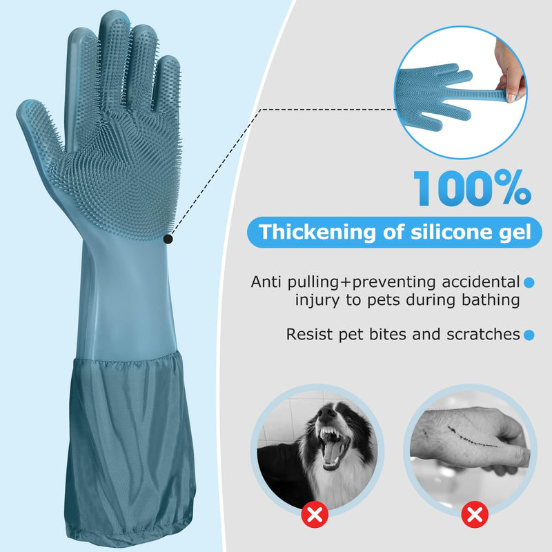Dog Washing Gloves | Pet Grooming Gloves | Extra Long Arms (17.3") for Cats & Dogs | Massage & Hair Removal Pet Glove (Hazy Blue) hazy blue - PawsPlanet Australia