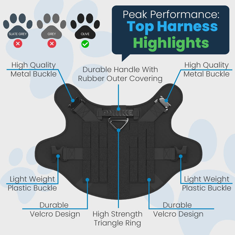 Adjustable Tactical Dog Harness & Leash Set - No-Pull MOLLE Vest with Handle, Front Leash Clip, Hook & Patch - Perfect for Small to Large Dogs (L: Neck 18"-24", Chest 28"-35"), Olive Black L (Neck:18"-24" ; Chest:28"-35") - PawsPlanet Australia