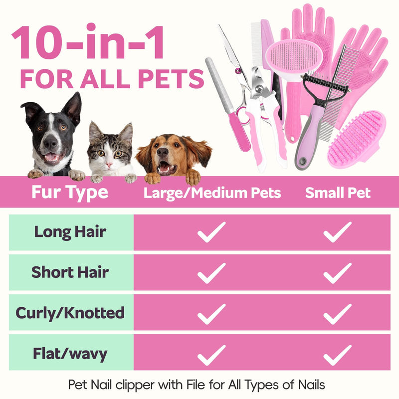 Bath Grooming Kit for Pets, 10pcs Dog Brush for Shedding with Dog Nail Clipper and Trimmer, Dog and Cat Grooming Supplies, Dematting Comb for Dogs, Pet Bath Supplies Pink 10pcs - PawsPlanet Australia