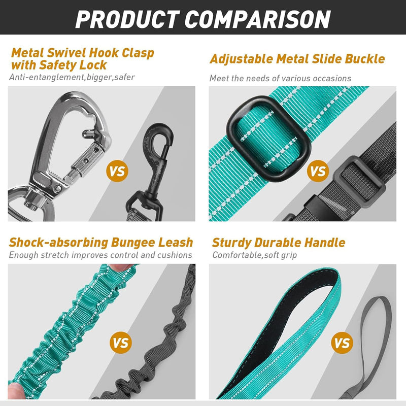 AUBELL Tactical Dog Leash Heavy Duty,4-6ft Reflective Strong No Pull Bungee Leash for Medium Large Dogs with Comfortable Padded Double Handle,Car Seat Belt,360 Degree Rotating Carabiner,Teal M-L Teal - PawsPlanet Australia