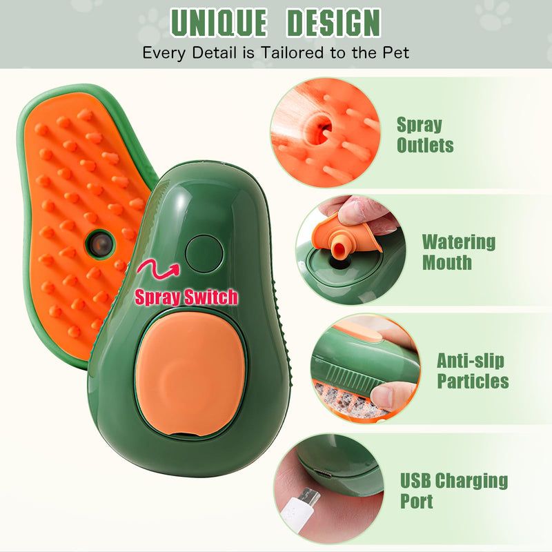 Cat Grooming Brush, 3 in 1 Cat Steamy Brush, Electric Cat Steam Brush with Self Cleaning Function, Silicone Massage, Clean and Removing Loose Hair for Cats and Other Pets Avocados - Green - PawsPlanet Australia