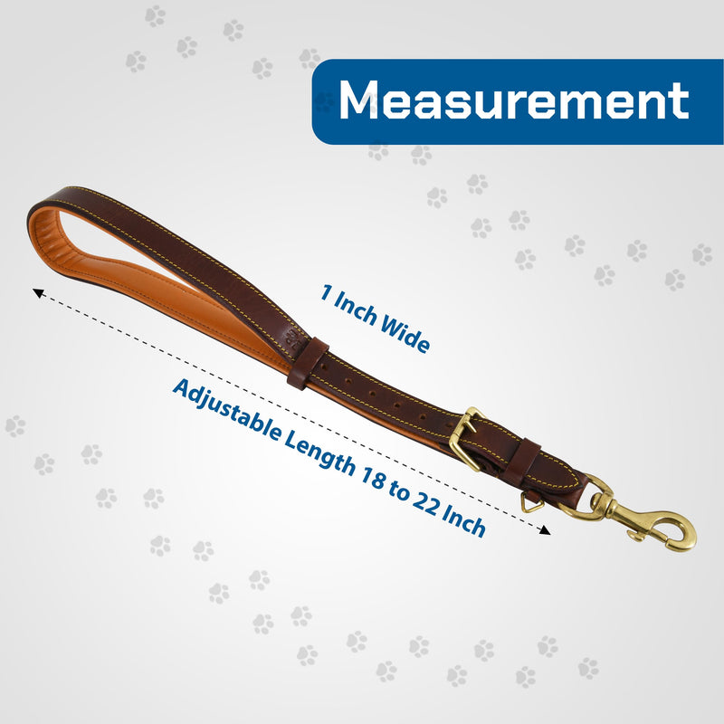 Genuine Leather Short Lead, Padded Handle, Strong Traffic and Training Leash with Adjustable Length, 1" Wide, with 360º Heavy Duty Metal Hook (Brown) Brown - PawsPlanet Australia