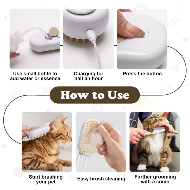 3-in-1 Cat Steam Brush for Shedding, Massaging & Grooming, Rechargeable, Misty Brush for Cats & Dogs, White, 3 Count - PawsPlanet Australia