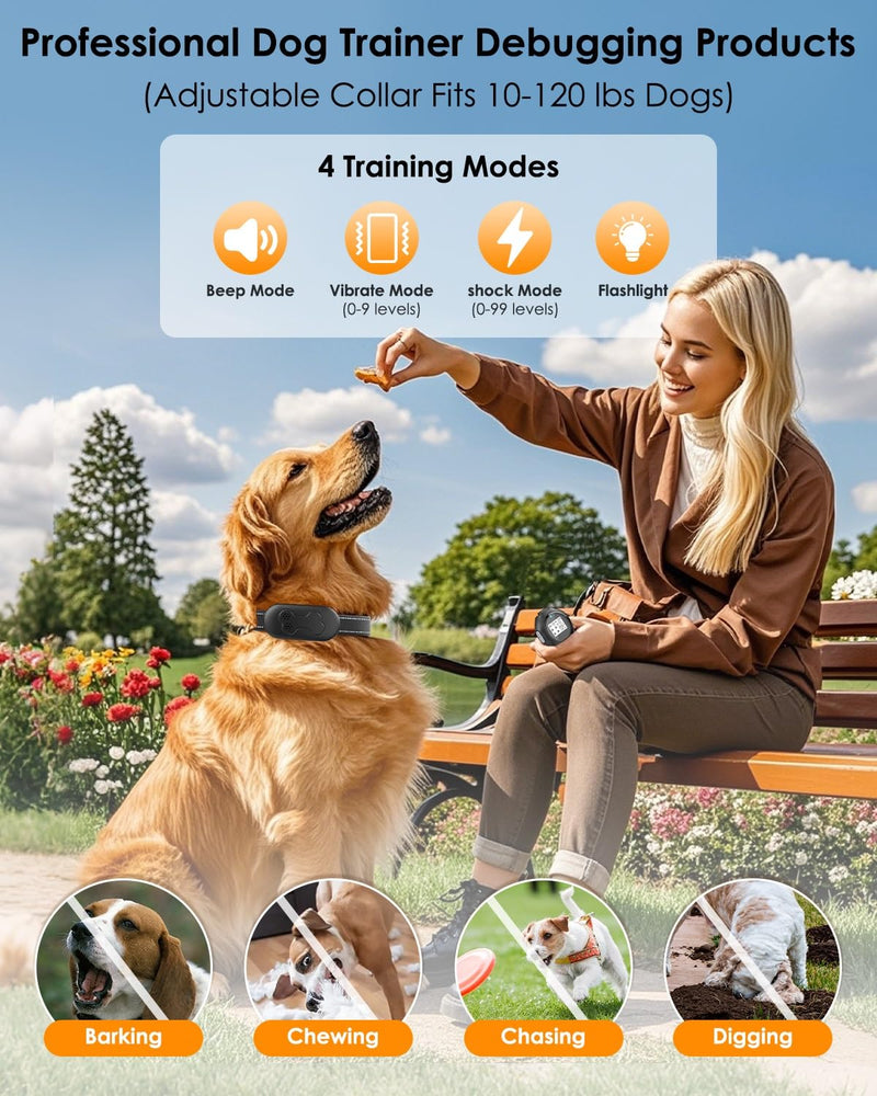 Dog Shock Collar with Remote Control - Shock Collar for Dogs IPX7 Waterproof Dog Training Collar with Beep Vibration Static Correction Flashlight Long-Lasting Battery Safe Training for dogs 10–120 lbs Black - PawsPlanet Australia