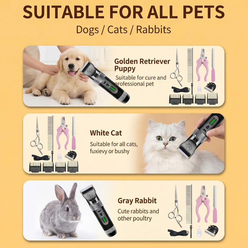 Pet Clippers, Quiet Dog Grooming Clippers with Ceramic Blade & 4 Guard Combs, Pet Hair Clippers for Dogs & Cats, Electric Trimmer Set with Scissors & Nail Clipper (Stainless Steel)