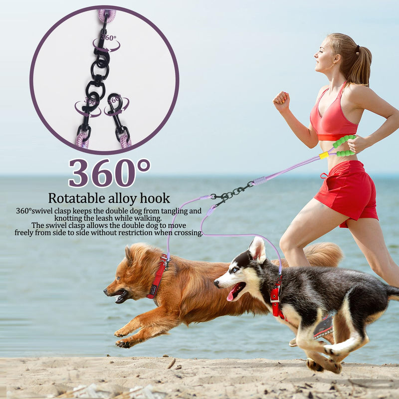 Double Dog Leash No Tangle, Adjustable Split Leads Dual Pet Walking Leash with Comfortable Padded Handle for Two Dogs, Hands - Free Dual Leashes for Small/Medium Pets (Purple, Double Leashes) Purple