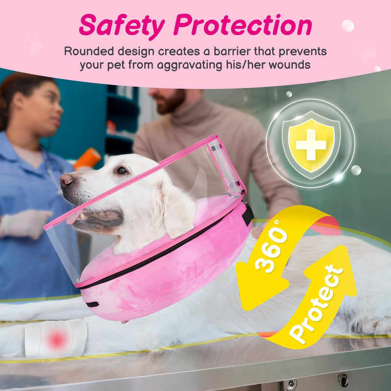 BARKLESS Inflatable Dog Cone, Protective Dog Surgery Collar to Stop Licking Biting Wounds, Patented Soft Donut Cone with Clear Shield, Adjustable Blow-up Collar for Surgery Recovery (Pink, S) Pink S (Neck: 5"-8")