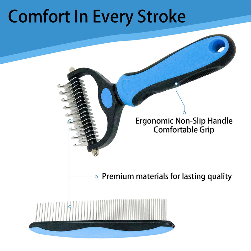 Pet Grooming Rake - Blue Deshedding Comb with Grooming Comb for Dogs and Cats,Double-Sided Dematting Tool,Extra-Wide Deshedding Dog Brush for Long Hair to Effectively Remove Tangles,Knots and Mats - PawsPlanet Australia
