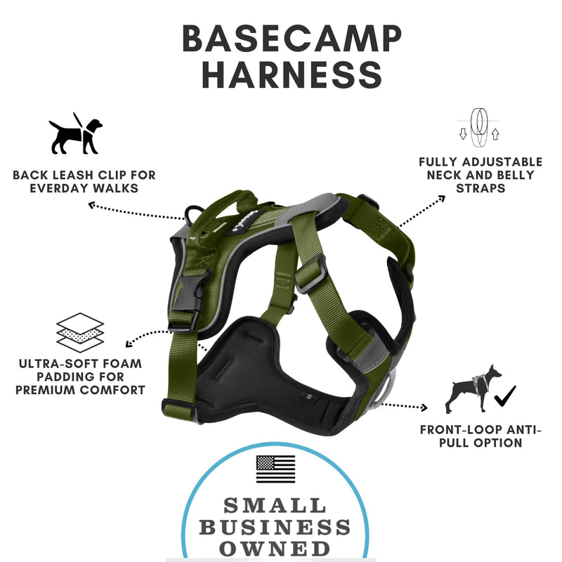 ShawnCo Basecamp Dog Harness, No-Pull Pet Vest with 3 Leash Clips, Padded, Reflective, Lightweight and Adjustable Harness with Handle for Small, Medium and Large Dogs (Olive Green, M) Olive Green - PawsPlanet Australia