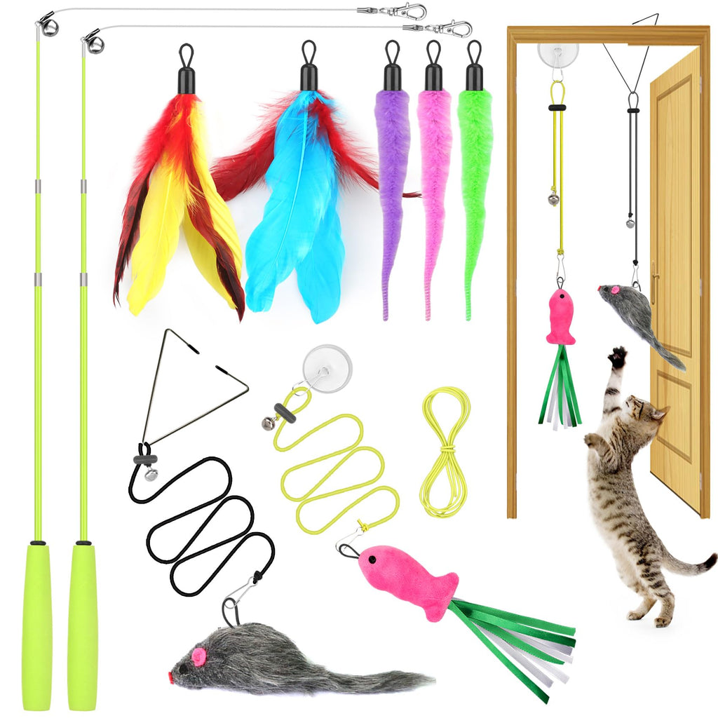 Cat Toys Interactive for Indoor Cats, 2 Retractable Cat Wand Toys, 2 Hanging Door Cat Toy with Mouse Fish, 5 Teaser Toys, Cat Feather Toys for Bored Indoor Adult Cats Kitten Stimulation Exercise Toys 2 Cat Wand + 2 Hanging Toys