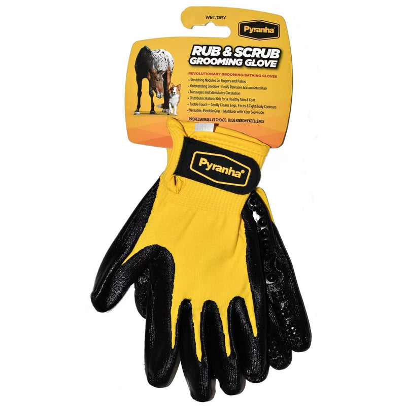 Pyranha Rub & Scrub Grooming Gloves | Multipurpose Shedding & Bathing Tool with Scrubbing Nodules | Removes Hair, Cleans Coat & Massages Muscles | Use Wet or Dry Medium