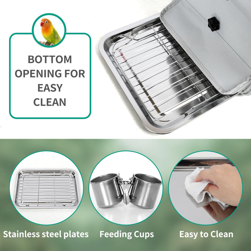 Bird Carrier Bag, Bird Travel Cage with Standing Perch and Indestructible Stainless Steel Mesh, Protable Transparent Breathable Carrier with Feeder Cups for Small Birds Parrot Parakeet, Grey L Gray
