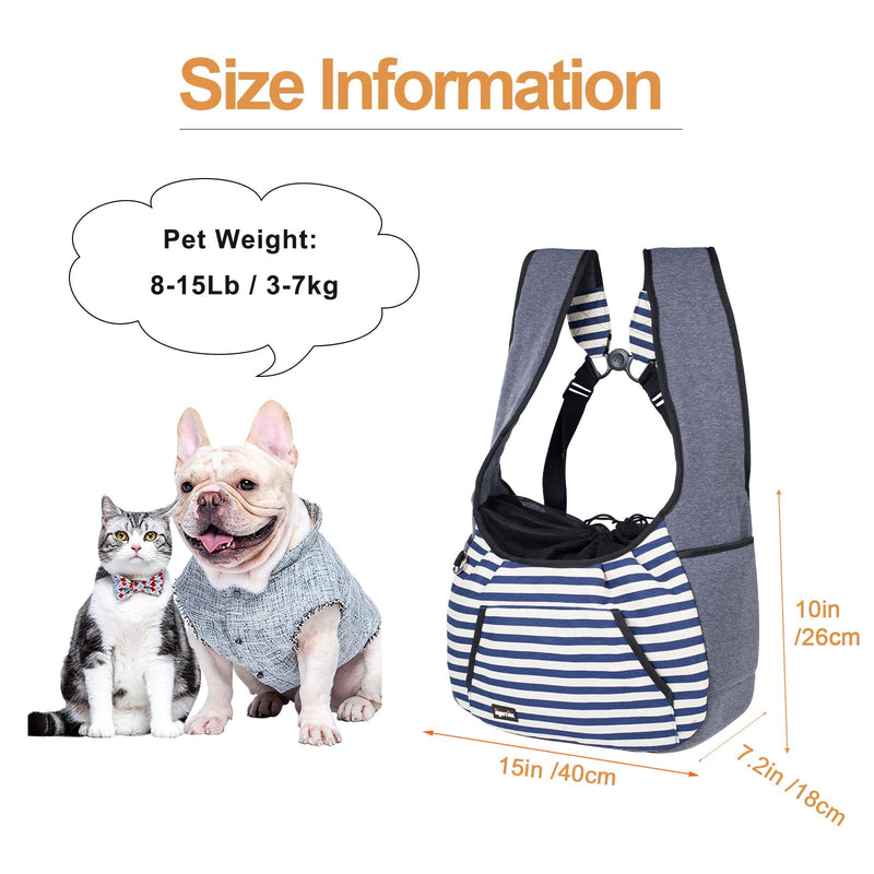 NATUYA Dog Sling Carrier Puppy Carrier, Adjustable Pet Front Sling Carrier Travel Bag with Bottom Pad, Pet Carrier for Small Dog Cat Puppy Traveling Hiking Camping (Bule Strip, 8-15 lb) Bule Strip - PawsPlanet Australia