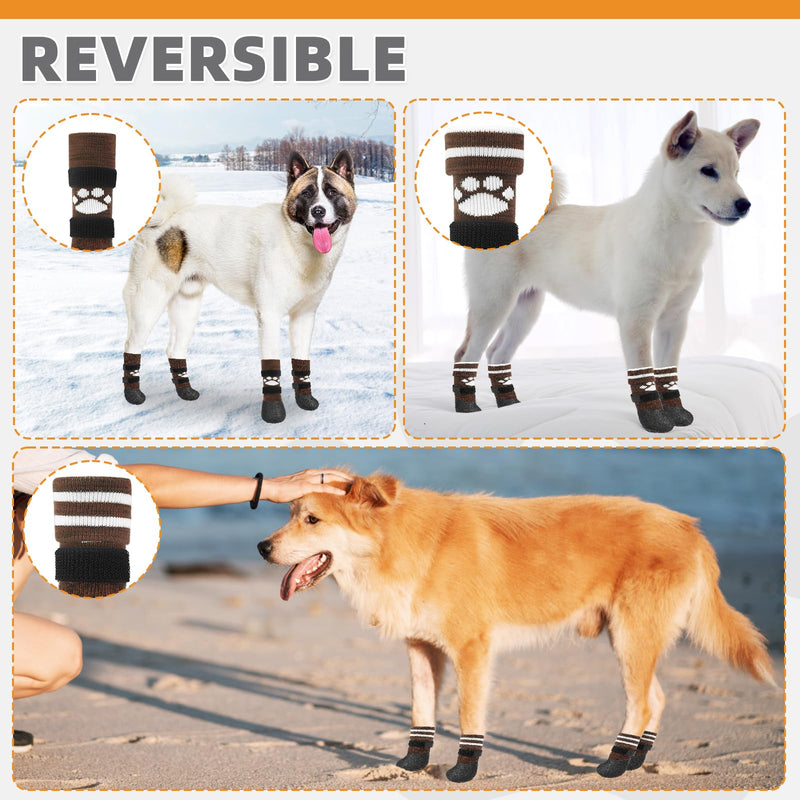 KOOLTAIL Anti Slip Dog Socks to Prevent Licking Paws for Hot/Clod Pavement, Waterproof Long Snow Dog Boots&Paw Protectors with Straps Traction Control for Hardwood Floor for Small Medium Large Dogs Brown with Paw Pattern - PawsPlanet Australia