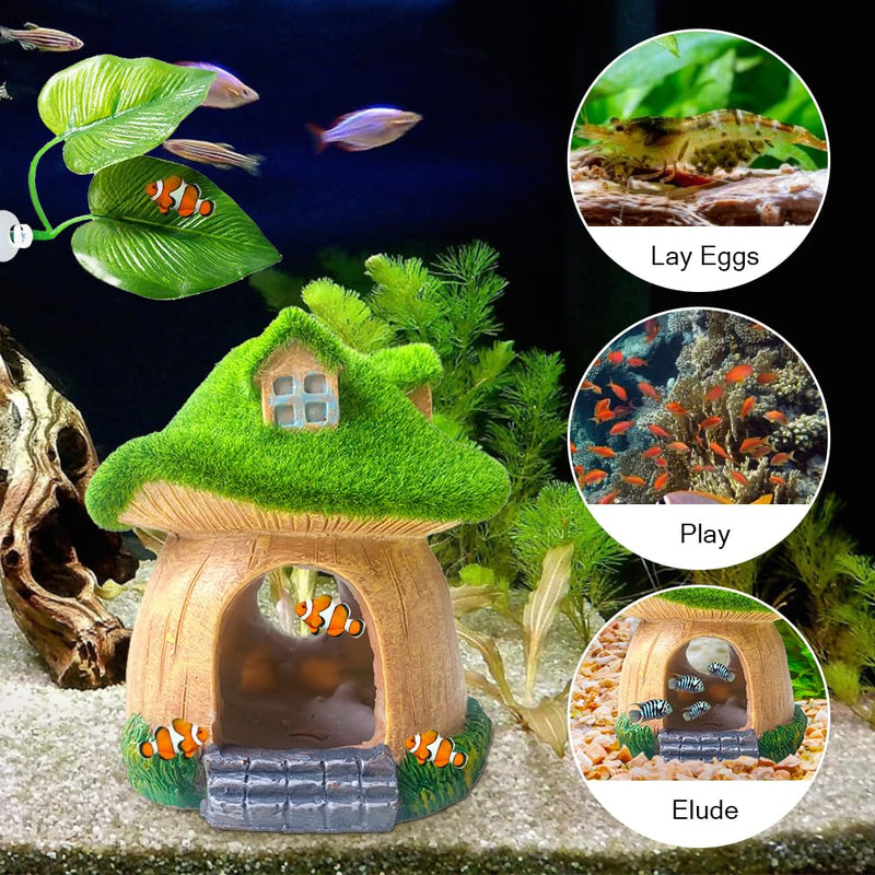 WINGOFFLY® Resin Fish Hideout House Mushroom with Artificial Leaves Betta Fish Shelter Fish Hide House Shrimp Hideout Cave Betta Fish Hide Cave for Aquarium Fish Tank Decor - PawsPlanet Australia