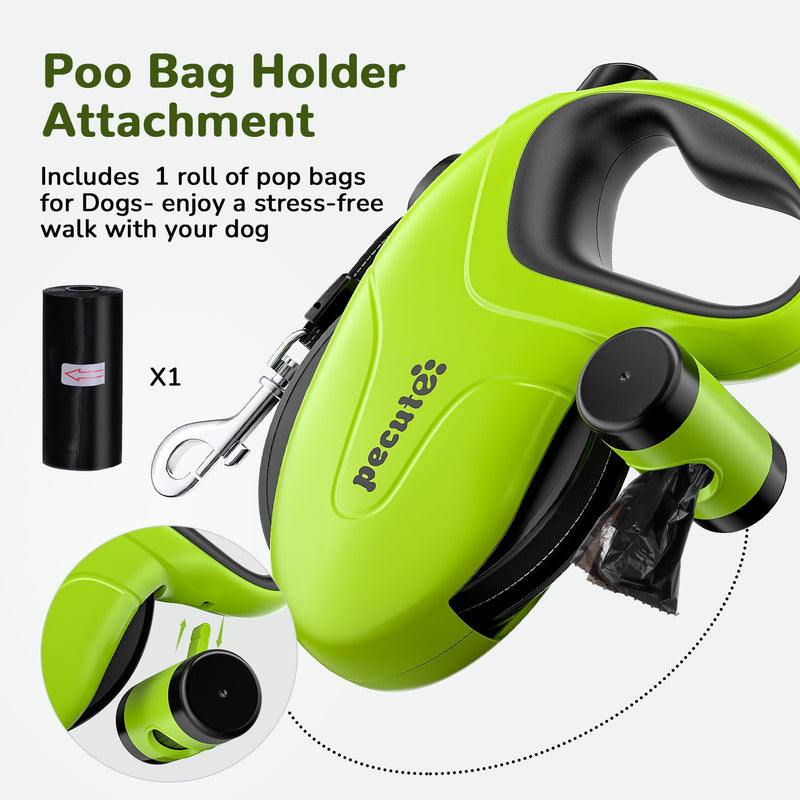 Pecute Retractable Dog Leash with Poo Bag Holder, 10m/32ft Extended dog Leash with 360° Tangle-Free, Anti-Slip Handle and Quick Brake Button, Suitable for Dogs Up to 110lbs/50kg in Weight Green 10 m | Max 50 kg