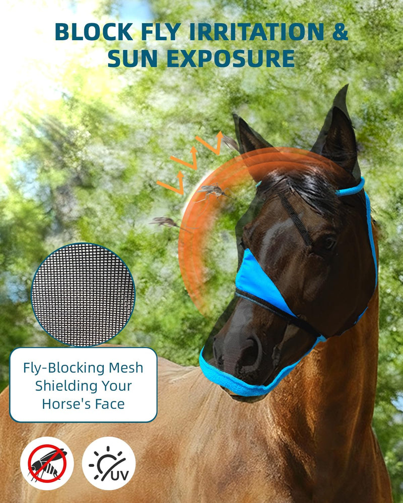 Hilltown Horse Fly Mask with Ears and Nose Cover - Large Eye Space, Full Face UV-Block, Breathable Mesh, Adjustable Fit, Soft Fleece Trim for Grazing, Riding & Daily Use - Pony, Blue