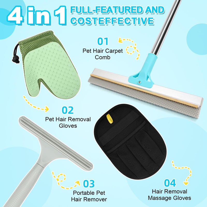 4 in 1 Carpet Rake for Pet Hair Removal - Reusable Pet Hair Removal Glove for Dog Cat Fur Remover, Contain 23-54" Rubber Broom, Silicone Comb Gloves, Magic Brush and Small Scraper for Sofa, Rugs, Mats