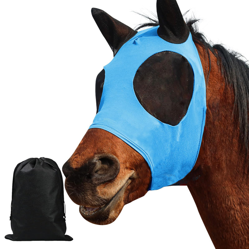 Fly Masks for Horses with Ears UV Protection, Elasticity Horse Fly Mask with Big Mesh Eye Covers - Breathable Comfort Fit Riding & Competition Blue Large Sky Blue