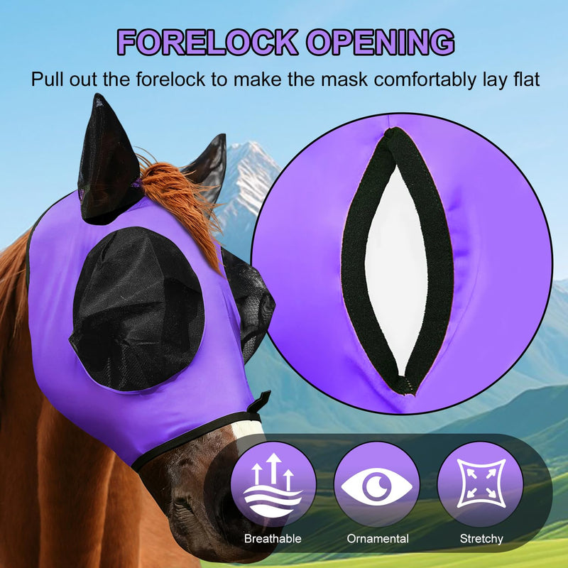 Horse Fly Mask with Forelock Opening Stretch,Horse Fly Mask Half Face with Ears, Full Face UV Protection for Horses, Breathable Fine Mesh Equine Fly Mask(Navy-L) Navy L