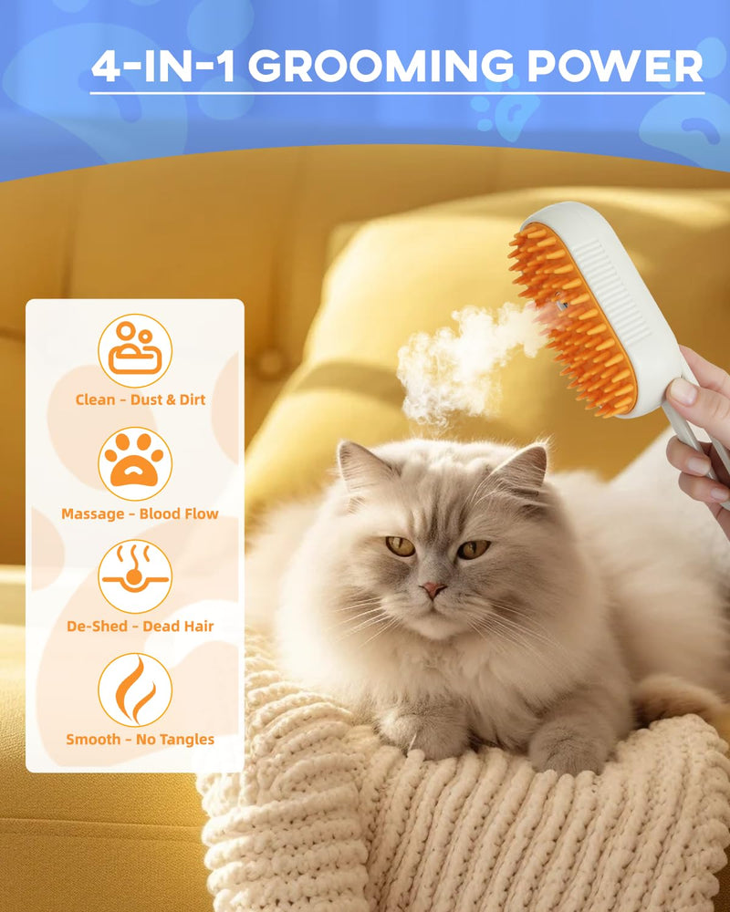 Luxelle Cat Steam Brush for Shedding – 4 in 1 Orange Pet Grooming Brush with Spray, Hair Removal, Massage & Cleaning – Anti-Static Defur Comb for Long & Short Haired Cats and Dogs - PawsPlanet Australia