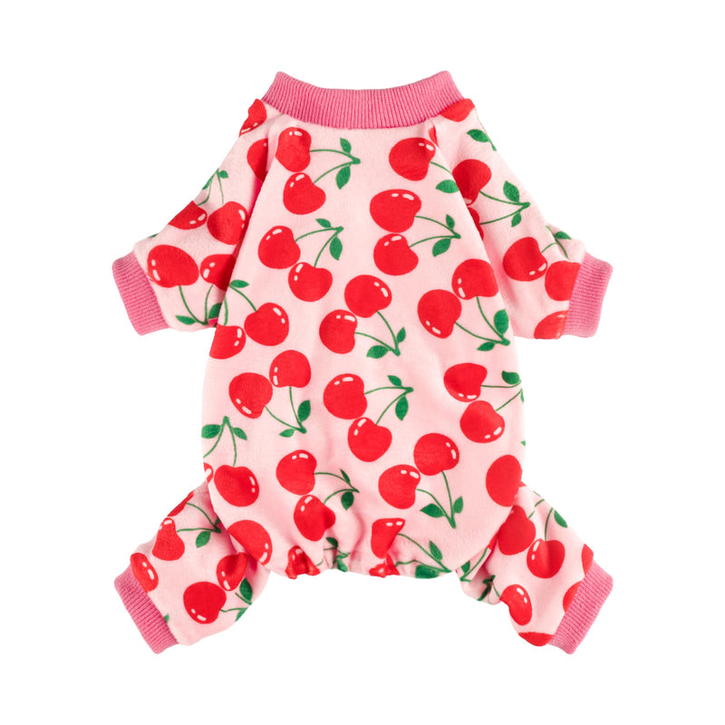 Fitwarm Cute Cherry Dog Pajamas, Warm Dog Onesie with Feet, Dog Clothes for Small Dogs Girl, Fleece Pet Outfit, Pink, Red, Medium