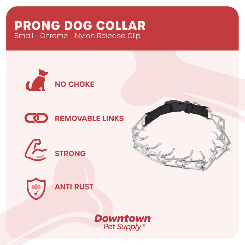 Downtown Pet Supply Chrome Plated/Nylon Prong Collar for Dogs, Small - Adjustable, No-Choke and No Pull Dog Collar with Removable Links - Pinch Collar for Dogs Under 20 lbs and 14" Neck Width Small (Pack of 1) Nylon - PawsPlanet Australia