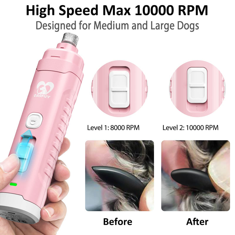 Casfuy Dog Nail Grinder with 2 LED Light for Large Medium Small Dogs - 3X More Powerful 2-Speed Electric Pet Nail Trimmer Rechargeable Quiet Painless Paws Grooming & Smoothing Tool Pink
