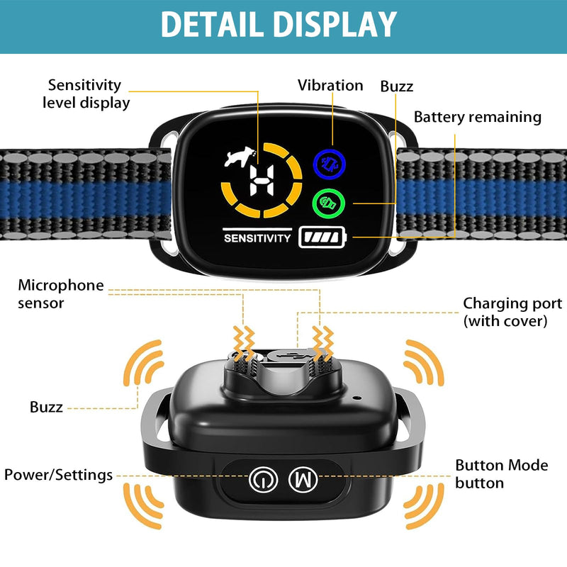 Bark Collar for Small Dogs,No Shock Anti Bark Collar with 3 Adjustable Modes Beep&Vibration,Barking Collar with 6 Adjustable Sensitivity Rechargeable Smart Training Collar (Blue) Blue - PawsPlanet Australia