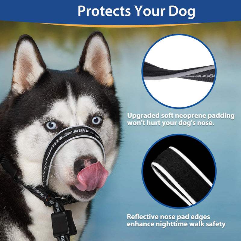 BARKLESS Dog Head Collar, Reflective Head Halter for Small Medium Large Dogs with Soft Padding, No Pull Mouth Harness with Training Leash, Adjustable Muzzle Leash for Gentle Walking M (Snout 9-11 '') Black - PawsPlanet Australia