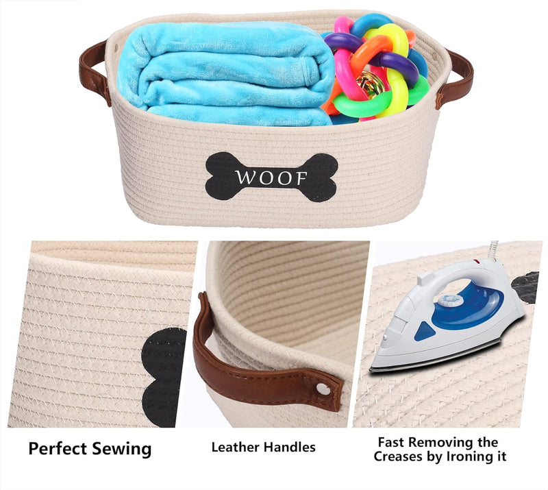 Cotton rope dog toy basket with handle,low front toy dog storage,pet toy box - Perfect for organizing small dog puppy toys,blankets,bone,leashes any stuff - White Gray - PawsPlanet Australia