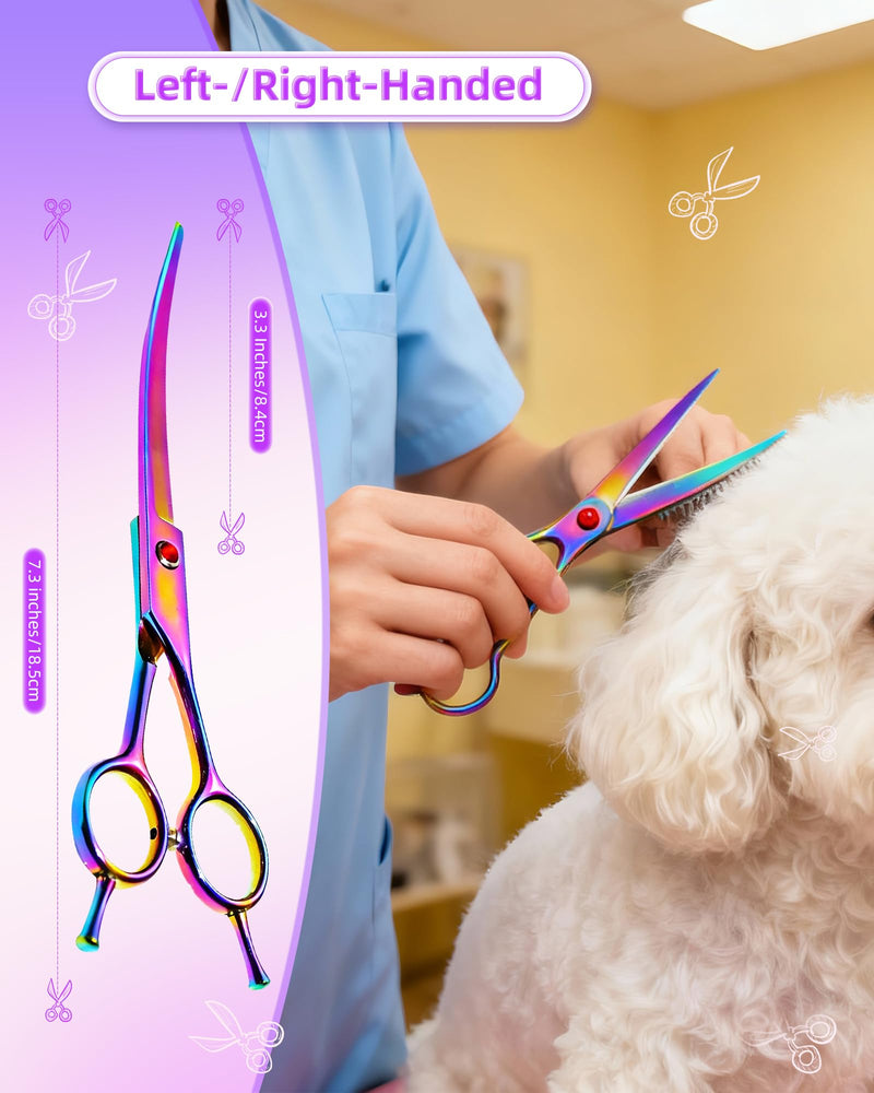 7.3" Dog Grooming Scissor - Professional Down-curved Shear with Ergonomic Handle Stainless Steel Hair Shears for Dogs, Cats and Other Pets - Pet Hair Trimming Scissor(Curved, Iridescent) - PawsPlanet Australia