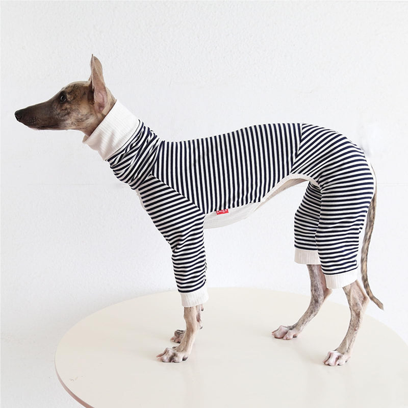 Italian Greyhound Striped Jumpsuit,Whippets Turtleneck Four-Legged Pajamas,Thin Dog Spring Autumn Onesie Anti-Hair Loungewear for Indoor Outdoor Wear_L(Black Stripe) L:Back Length:44cm/17.3in Black Stripe