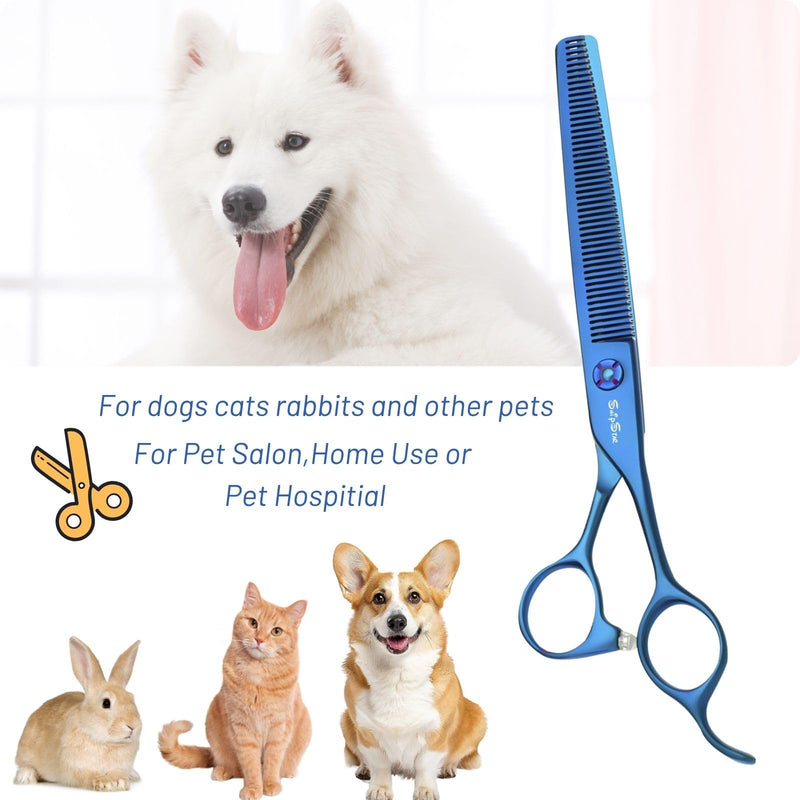 7in Professional Thinning Shears for Dog Grooming Scissors, Japanese VG10 Stainless Steel Sharp Blending Shears, 25% Thinning Trimming Scissors for Dogs Cats, 56 Teeth Texturizing Shear for Groomer Blue Thinner - PawsPlanet Australia