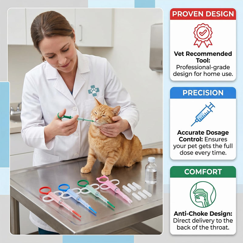 Pet tablet dispenser, set of 4, with 6 soft silicone tips, suitable for cats, dogs and other small pets, for tablets, capsules and liquids