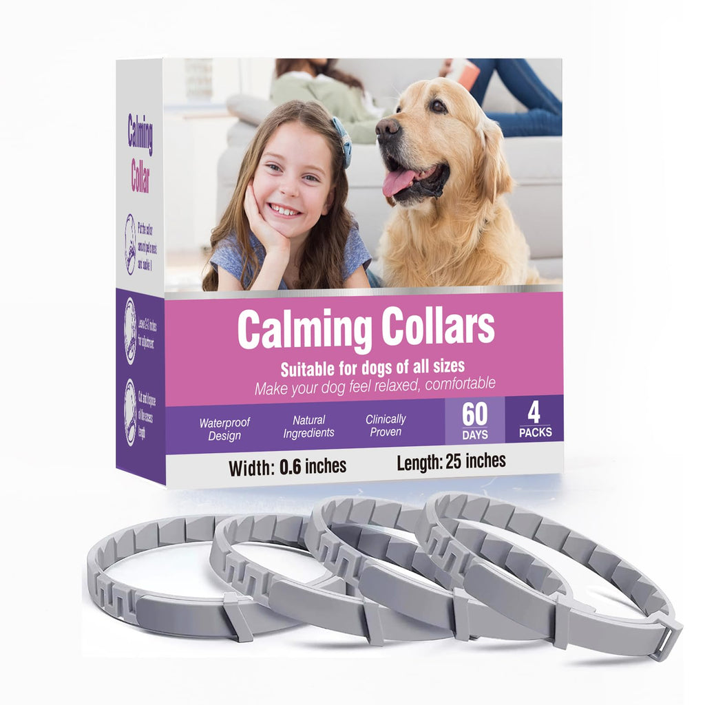 Calming Collar for Dogs 4 Packs Dog Pheromone Calm Collars Relief Anxiety Stress Separation Lasts 60 Days Relieve Bad Behavior 25 Inches Size Flexible Adjustable for All Small Medium and Large Dog Grey