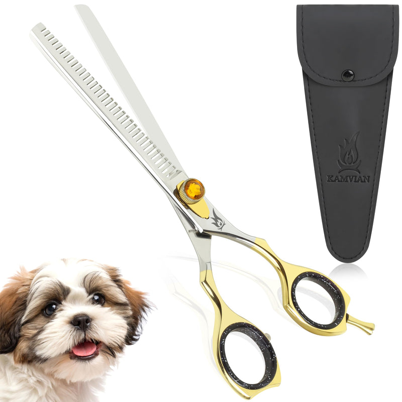 Dog Grooming Scissors – 7.5” Thinning Shears with 34 Teeth, Chunkers for Dogs & Cats, Precision Cut with 440C Stainless Steel, Designed for Groomers and Pet Owners Golden/Polish Thinning Scissors - PawsPlanet Australia