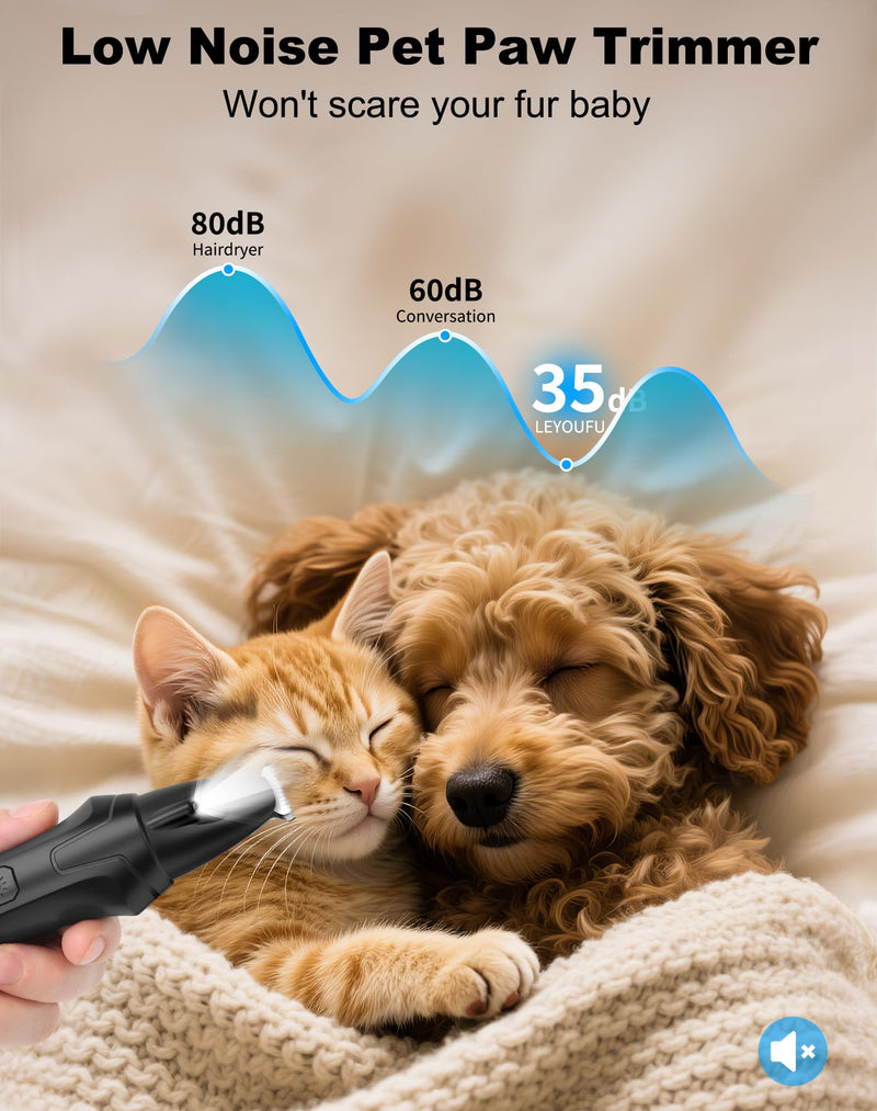 LEYOUFU Dog Paw Trimmer with LED Light, 2 Speed Low Noise Paw Trimmers for Dog's Feet, Cordless Electric Dog Clippers for Grooming Cat Hair Shaver for Paws, Ears, Face, Rump Small Areas (Black) Black - PawsPlanet Australia