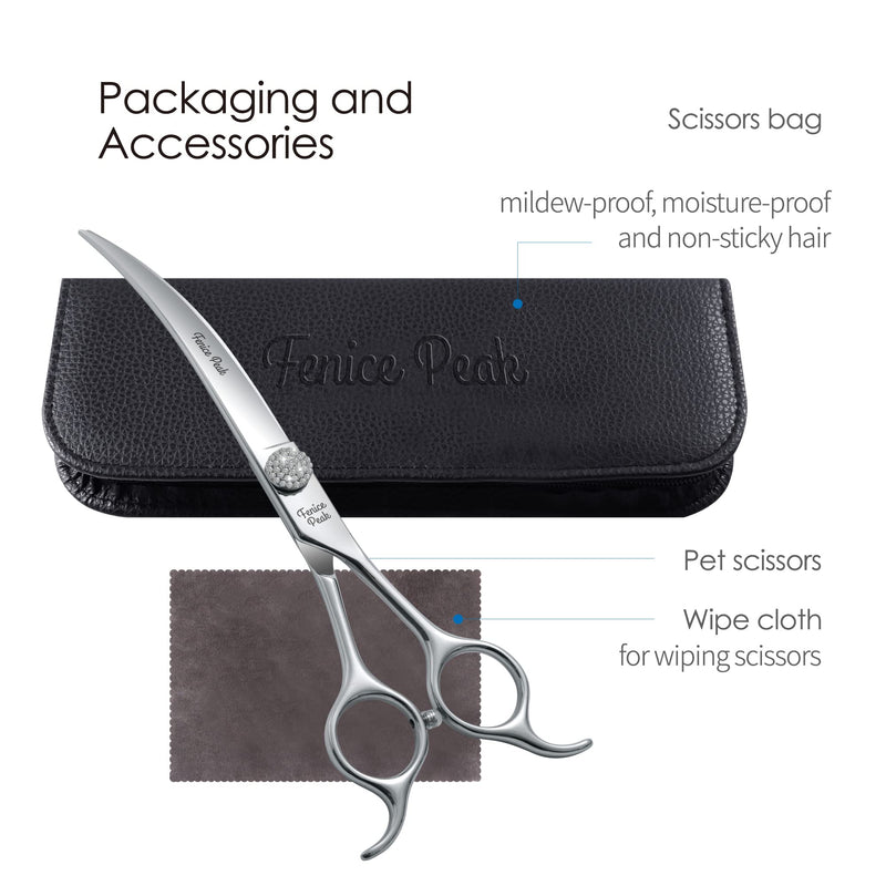 Fenice Peak 7.5‘’ Super Curved Dog Grooming Scissors with Jewelled Screw 440C Stainless Steel Pet Grooming Bending Scissors with Symmetrical Handle for Groomer and Home User 7.5‘’ - PawsPlanet Australia