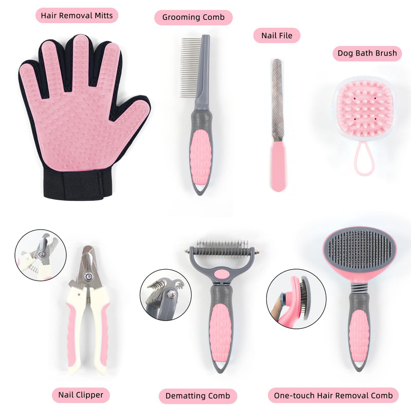 Wisedog Pet Grooming Kit - Nail Clipper Set, Dematting & Hair Removal Combs, Bath Brush, Mitts (Upgraded Pink) Upgraded Pink - PawsPlanet Australia