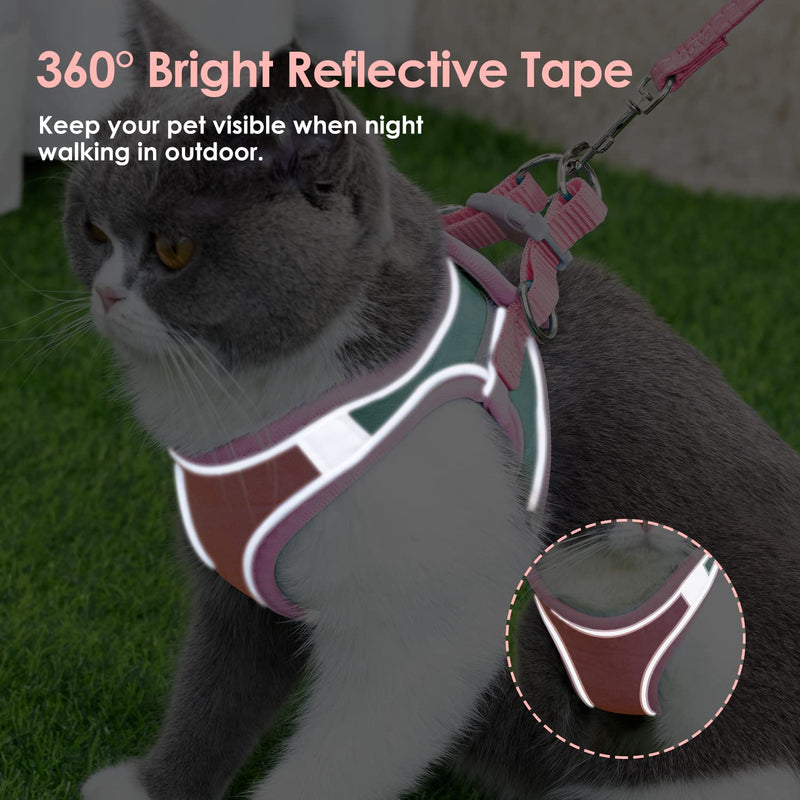 Cat Harness and Lead Set for Walking, Adjustable Soft Sturdy Faux Suede Escape Proof Kitten Vest Harness and leash with Reflective Strip for Large Medium Small Cats(L) L(Chest 40-42 cm) Green & Pink