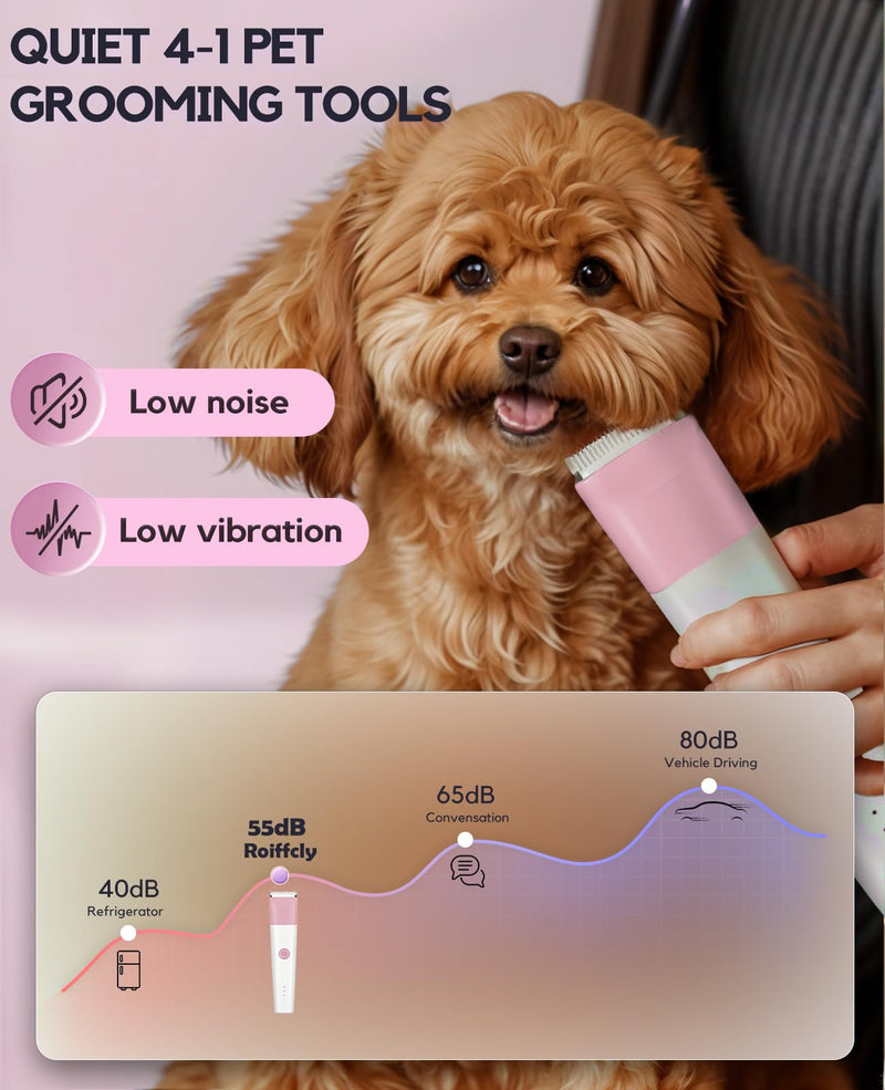 Dog Clippers Grooming Kit, 4 in 1 Quiet Cordless Dog Paw Trimmer & Nail Grinder, Small Cat Clippers Electric Rechargeable Low Noise Pet Shaver for Trimming Hair on Paw Eye Ear Face Rump (Pink) Pink - PawsPlanet Australia