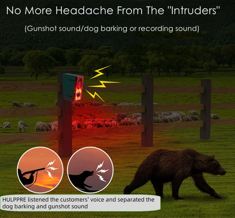 HULPPRE Solar Outdoor Motion Sensor Alarm-Dog Barking or Gunshot Sound,Support Recording&±Volume,130db Loud Noise Maker,3 Work Modes Strobe Light with USB,Say Goodbye to The Intruders 1pack - PawsPlanet Australia