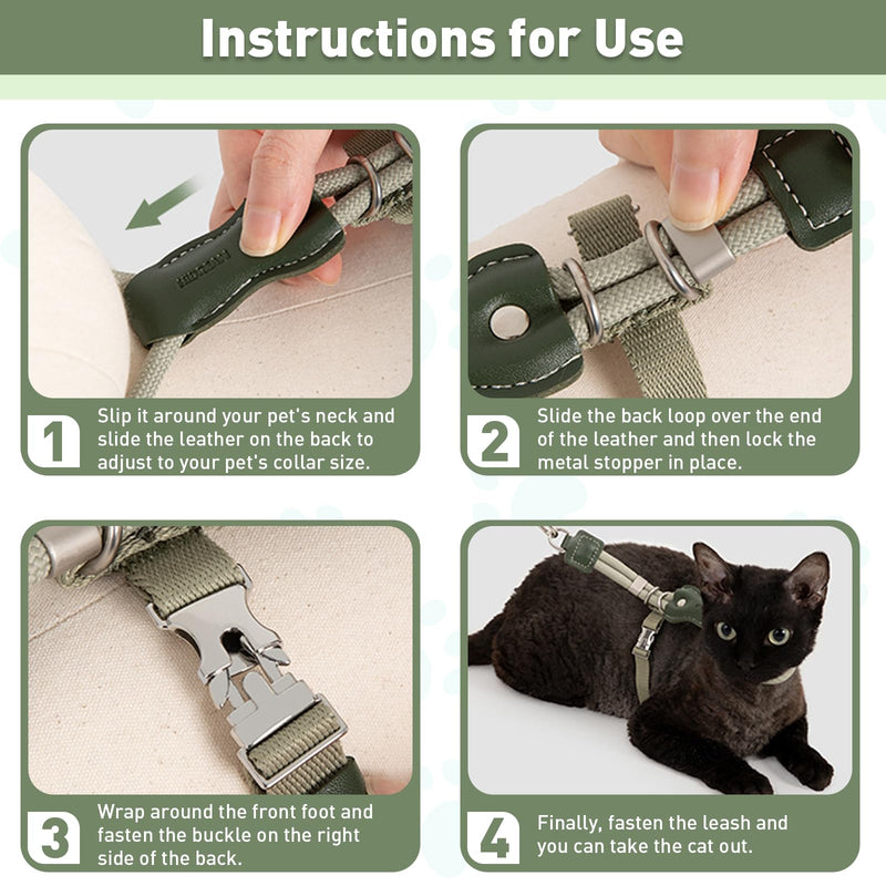 ETIAL Premium Adjustable Escape-Proof Cat Harness & Leash Set with Leather Sliding Back, 4.3ft Nylon Rope, Cross-Strap, Heavy-Duty Buckles for Secure Walking (Olive Green, Back Length 3.5”-4.7”) Olive Green Back Length 3.5”-4.7” - PawsPlanet Australia