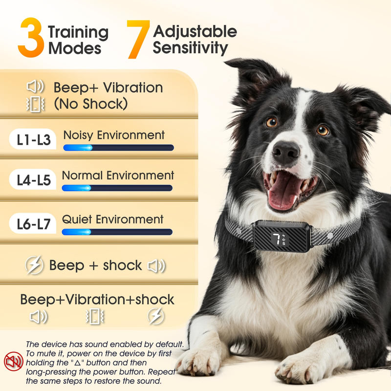 Dog Bark Collar for Large Medium Small Dogs, Rechargeable No-Bark Collar, Smart Barking Collar, Effective Bark Collar with 7-Level Sensitivity, 3 Beep & Vibration Modes, Waterproof, Black - PawsPlanet Australia