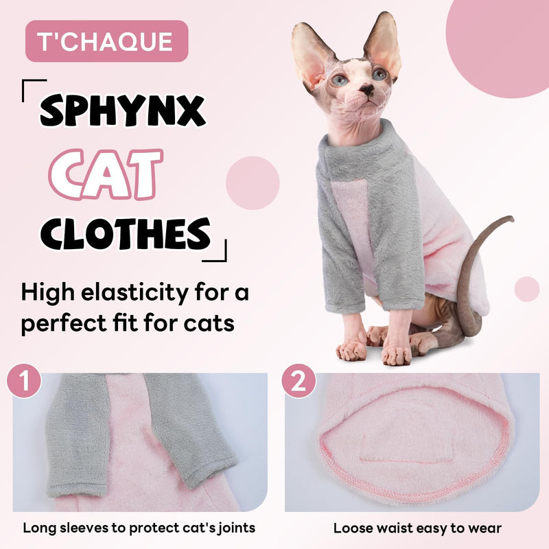 T'CHAQUE Sphynx Cat Clothes, Soft Fleece Winter Sweaters for Hairless Cats, Warm Pajama Jumpsuit with Sleeves and Hoodie, Cozy Pullover Outfit for Kittens X-Large Pink - PawsPlanet Australia