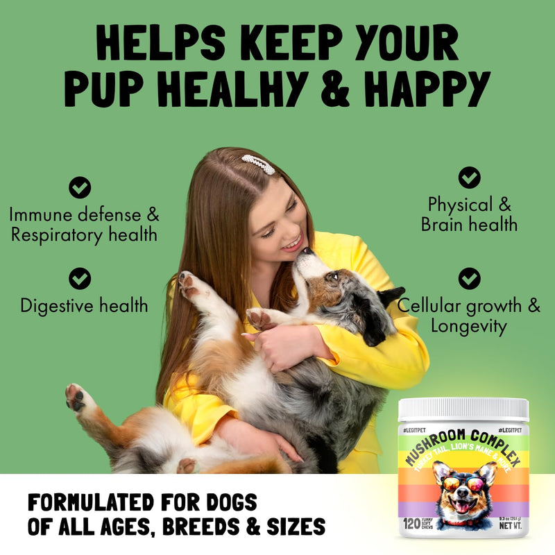 Mushroom Complex Treats for Dogs with Reishi Shiitake and Turkey Tail Mushrooms for Cognition and Immune Boosting Supports Digestive Health and Reduces Inflammation DHA EPA Turmeric Kelp 120 Chews