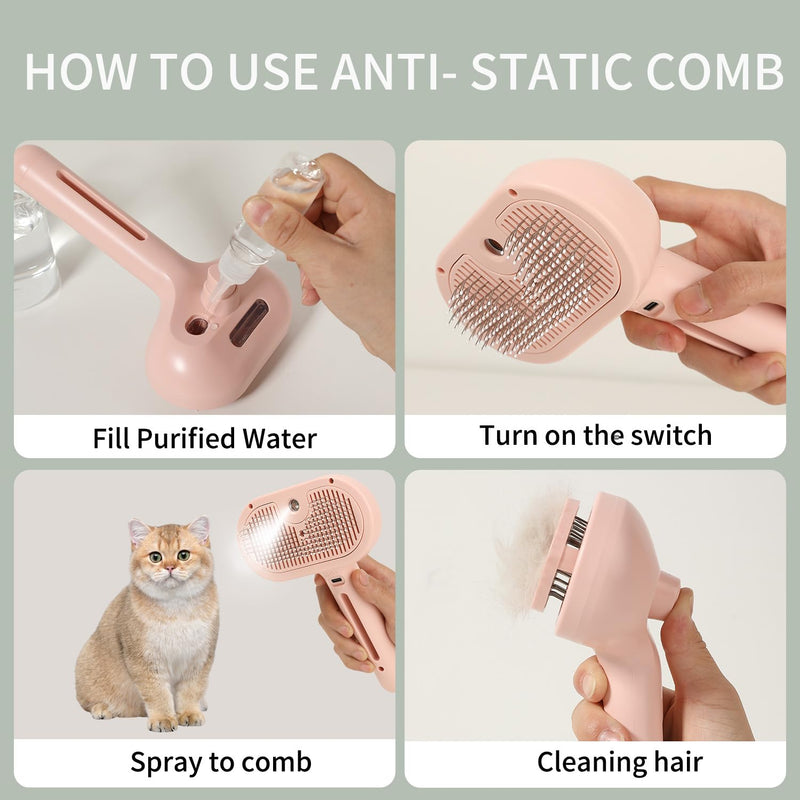 Cat Steam Brush for Long Haired Cats, Dog Brush for Shedding Pet Grooming, Self Cleaning Hair Removal Comb, Pink