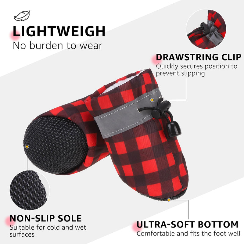 SCENEREAL Christmas Fleece Dog Shoes for Small Medium Dogs, Anti-Slip Sole Puppy Boots & Paw Protectors with Reflective Straps Red Plaid Warm Soft Outdoor Walking Indoor Hardfloors, Size 3